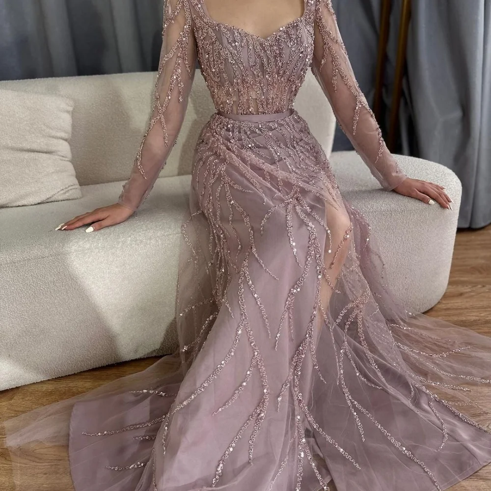 Sansa Elegant Beading A-line Lace Porm Dress Customized Floor-Length Wedding Dresses Long Sleeve Side Splite Vestidos De Fiesta