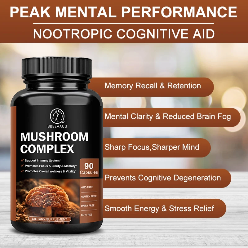 BBEEAAUU Organic Lion\'s Mane Mushroom Complex Capsule Brain Memory Supplement Memory Concentration&Immunity Smarter Brain Health