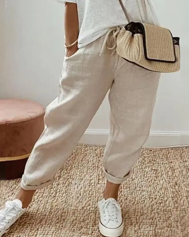

European and American long pants, women's new 2024 spring/summer women's casual drawstring pocket design, flipped long pants