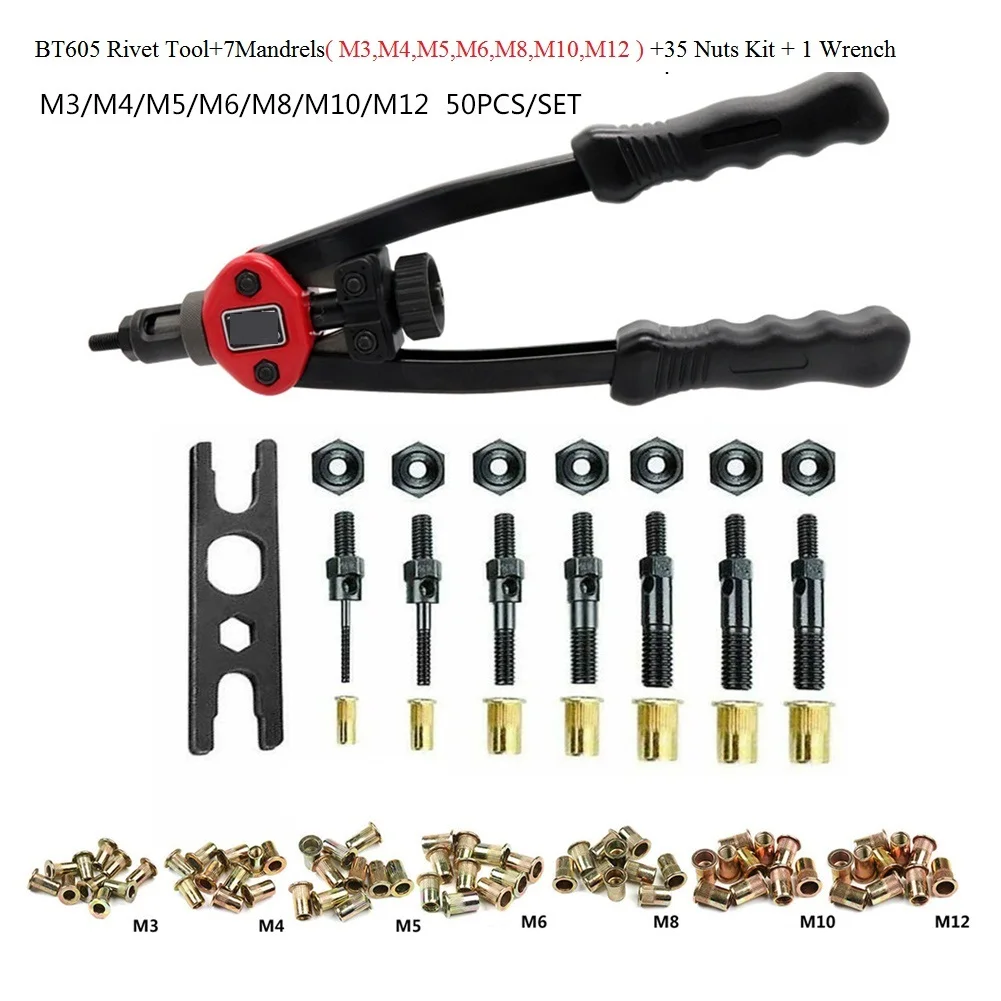 50pcs Rivet Écrou Ou Fileté À La Main Rivet Kg Pistolet BT606 M3 M-4 M5 M6 M8 Double Insert Manuel Rivcirculation Pistolet Rivetage Rivnut-Tool