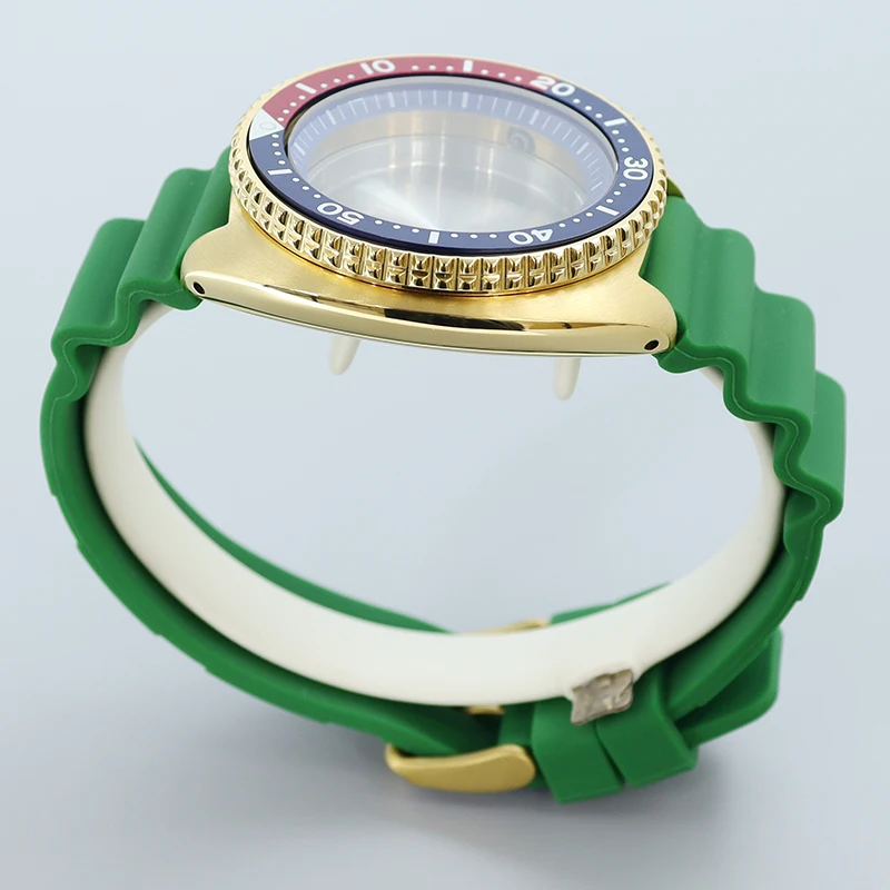 Funda de reloj 009 dorada, correa de goma verde, zafiro, compatible con atún, Tortuga, Seiko, NH35, NH36/38, movimiento, anillo de sección azul, esfera de 28,5mm