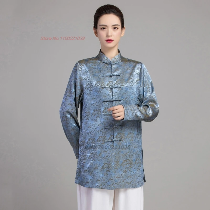 2024 Cina kung fu tai chi seni bela diri wushu seragam satin jacquard atasan + Celana set wing chun latihan latihan setelan