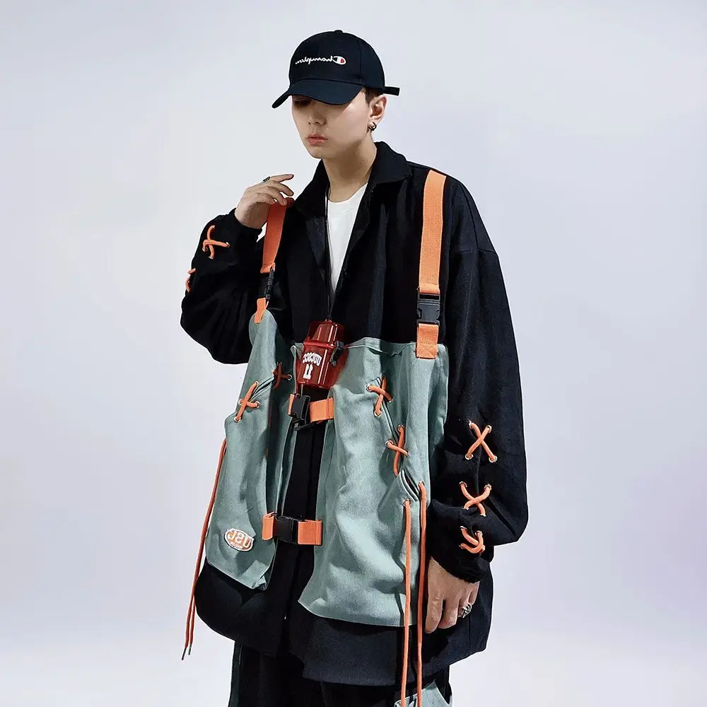 Hip Hop Oversize Cargo Shirts Men Long Sleeve Button Up Shirt Coat Harajuku Patchwork Vintage Streetwear Safari Style