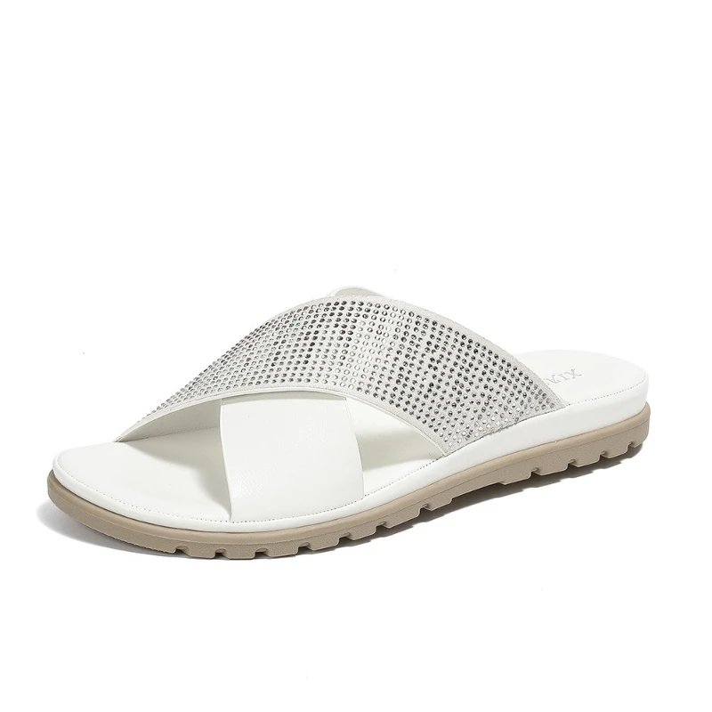

Fashionable Rhinestone Flat Sandals Comfortable Low Heel Casual Style Women's Slippers Ultra-Soft Leather Inner Material