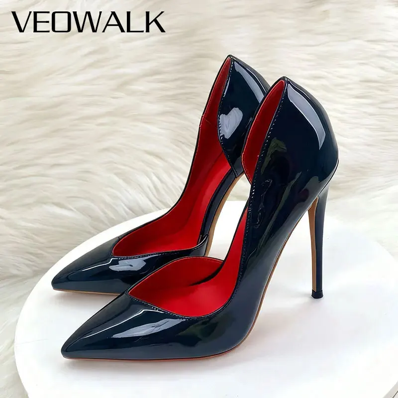 

Veowalk 12cm Black Patent Pointed Toe High Heels for Women Cut-Out Design Stiletto Heel Dress Shoes Party Wedding Evening Pumps