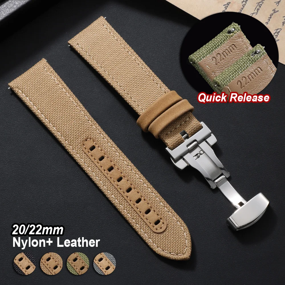 

20mm 22mm Premium Canvas Nylon Leather Watch Band Khaki Bracelet Quick Release Butterfly Buckle Sailcloth Women Men Watch Straps