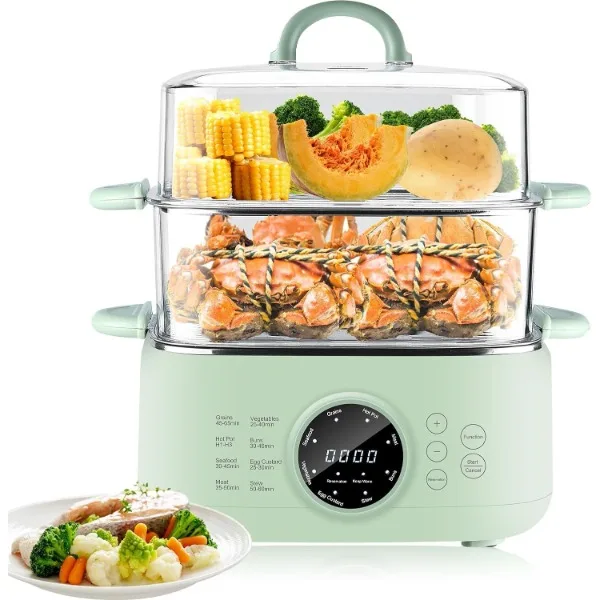 Electric Food Steamer, 9.3L 2-Tier Digital Steamers for Cooking with 24H Booking & 6H Auto Warming, 8 Modes Fast Heating