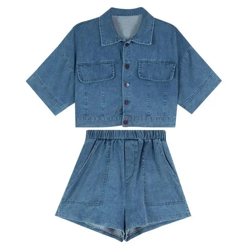 Women Denim Sets Summer 2022 New 2 Piece Set Solid Short Sleeve Coat + Shorts Jeans Sets Office Lady Elegant Female Denim Suits