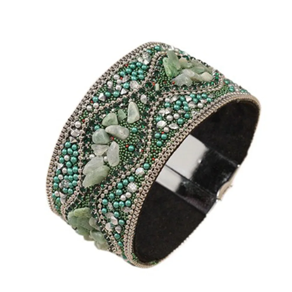 Ethnic Style Magnetic Clasp Bracelet Bohemian Retro Rhinestone Women's Bracelet Flower Pattern Magnetic Closure
