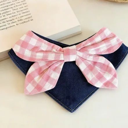 Cat And Dog Drool Pet Denim Red Plaid Bowknot Bib Small Triangle Collar Scarf