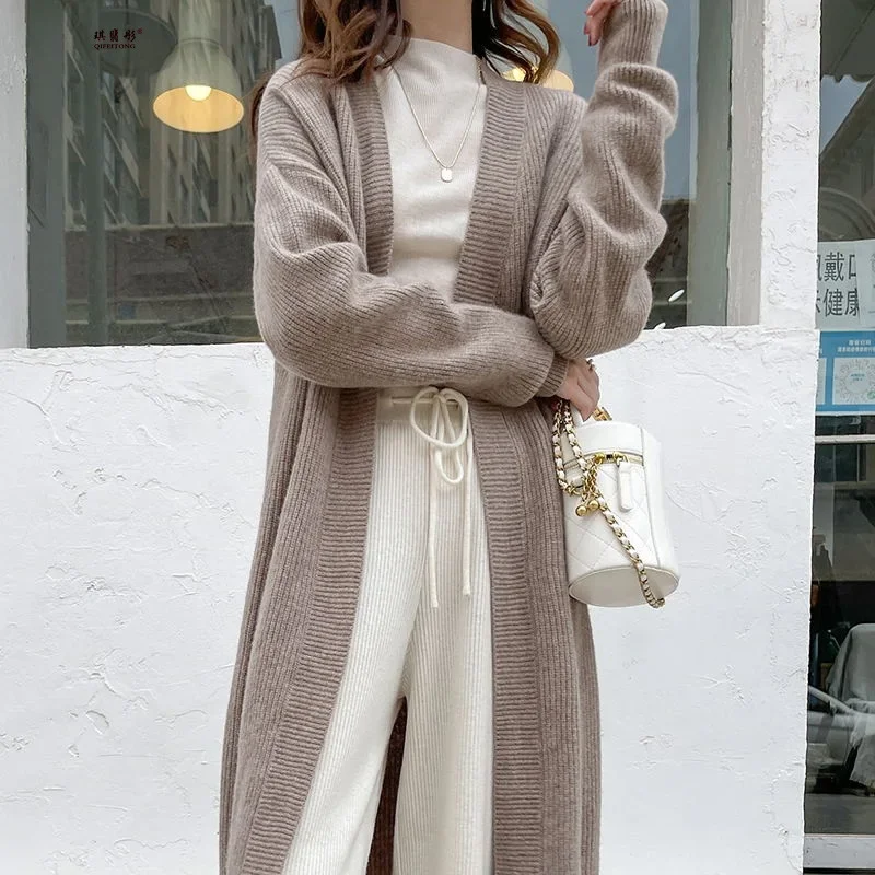 

Knitted Cardigan Autumn Winter 2023 Casual V Neck Mid Length Coat Fashion Loose Solid Color Knit Tops Sweater Office Lady