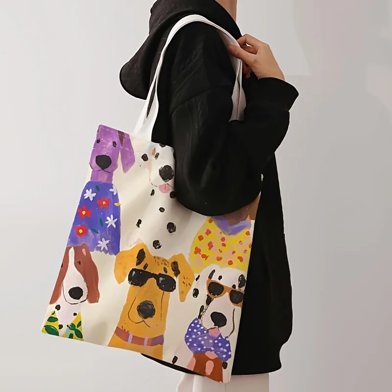 Women's Cartoon Dalmatian Puppies Tote Bag Fashion Glasses Print Handbag Reusable Polyester Casual Shopping Shoulder Bag