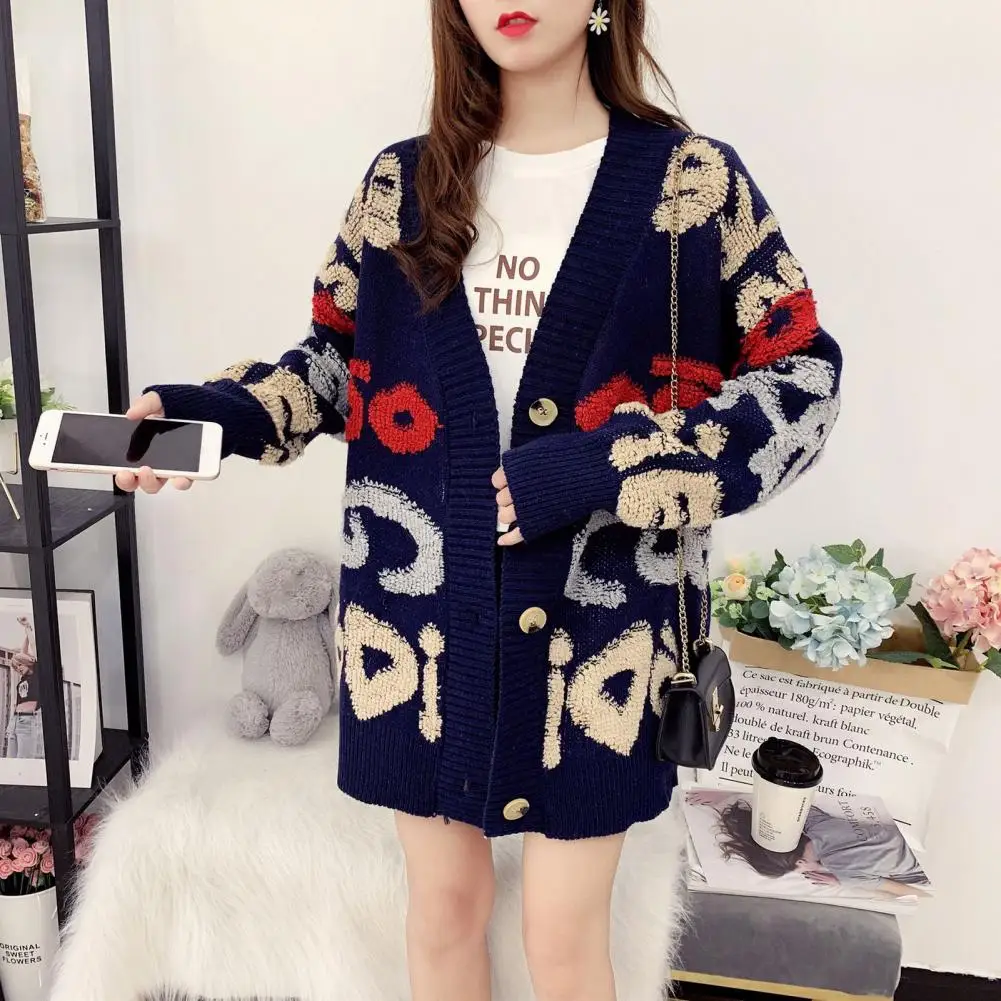 Women Sweater Coat Letter Patern Loose Thick Knitted Mid Length Long Sleeve Single-breasted Cardigan Lady Cozy Sweater Jacket