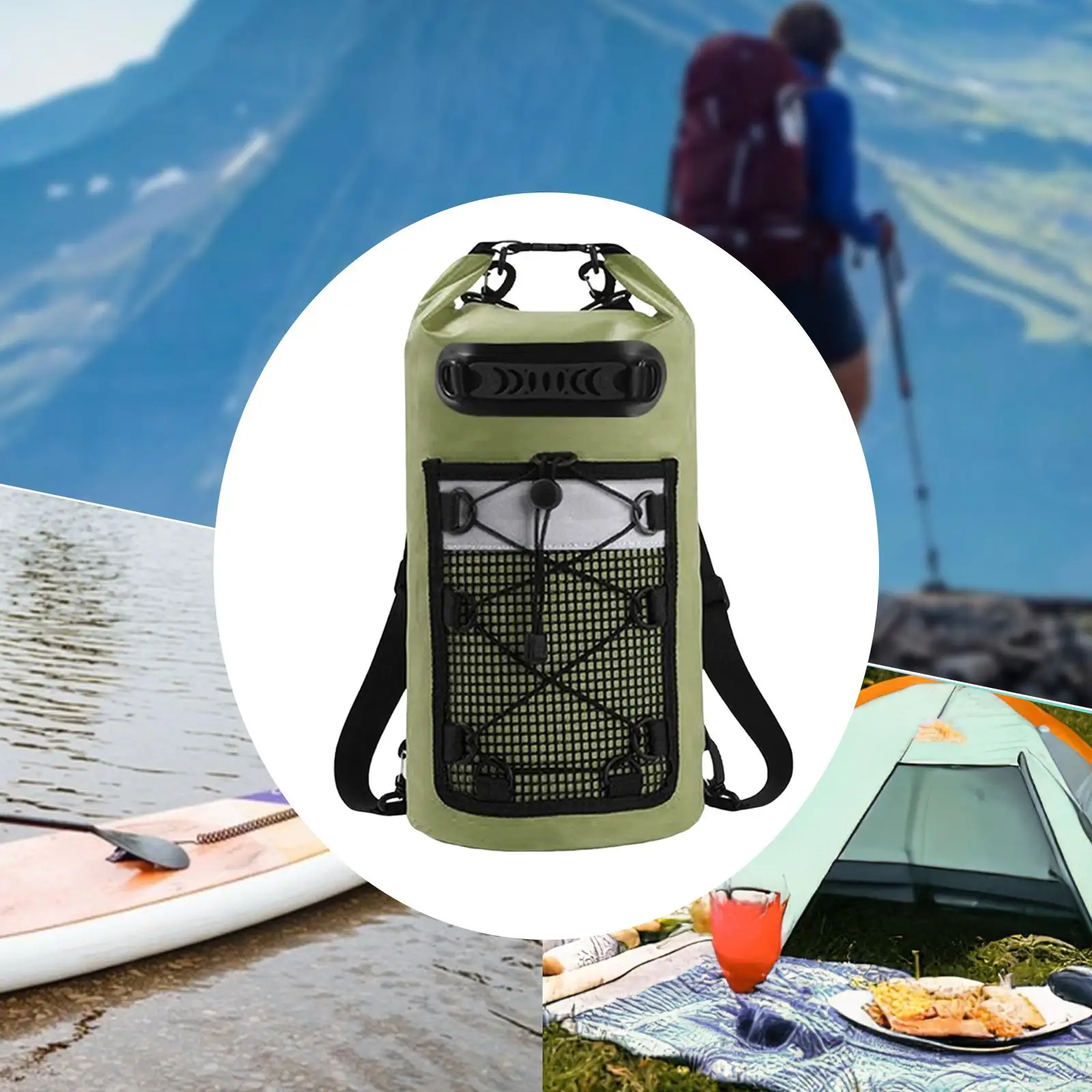 

Dry Bag Floating Backpack, Mesh Pocket, Reflective Warning Strip, Green