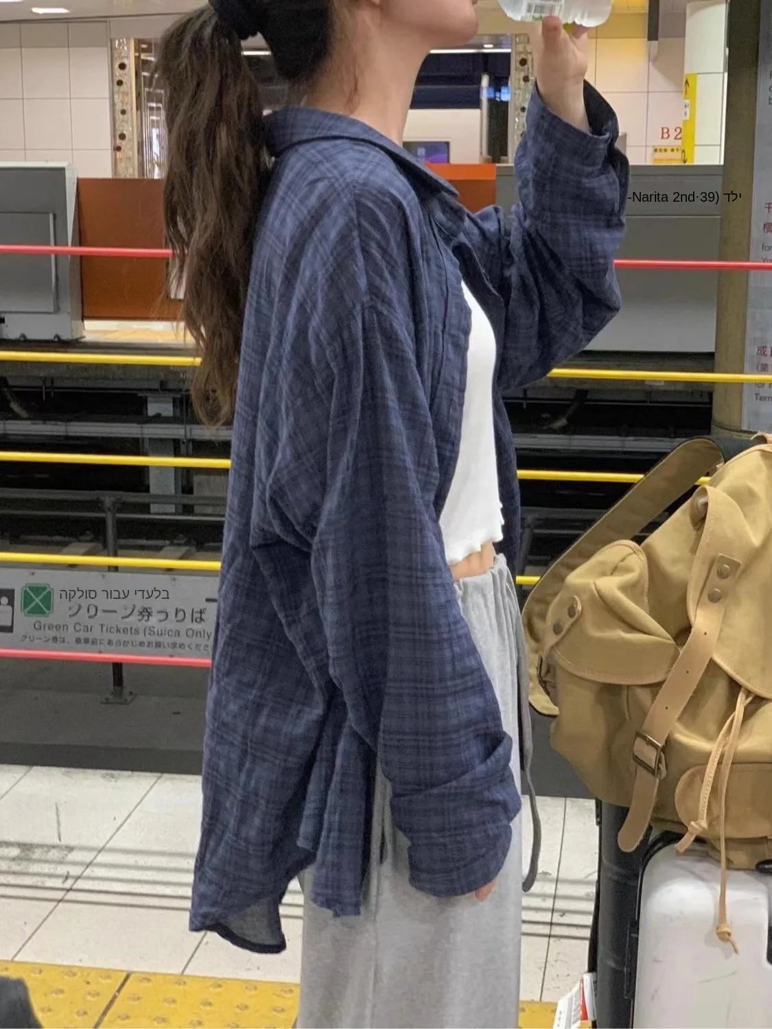 

Retro Blue Plaid Collar Single Button Women's Shirt Spring 2026 Fashion Versatile Open Cardigan Breathable Long Sleeve