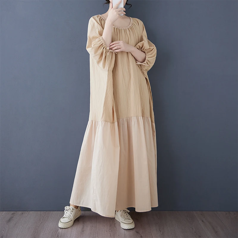 Elegant plus Size Cotton Linen Dress Spring Autumn New Loose Wide Sleeve Drawstring Skirt Fashionable A-Line Dress Commute