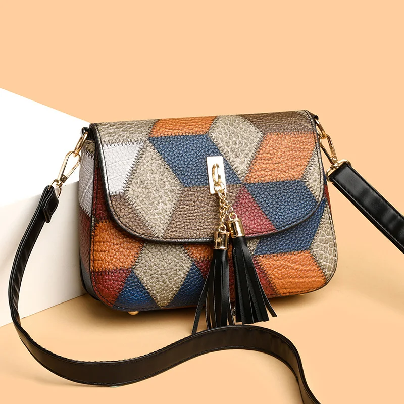 Colorful Patchwork Plaid Crossbody Bags With Tassels, Vintage Versatile Women's Shoulder Bag For Commuting