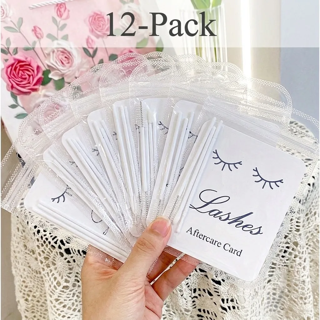 12pcs Eyelash Aftercare Kits for Customers, Including Lash Aftercare Card, Eyelash Mascara Brush, Cleaning Brush, and Lip Brush