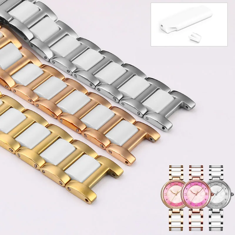 Notched fine steel ceramic watchband for Guc GC Frey guess Dior MK men\'s women\'s black white strap watch chain 14*8mm 16*8mm