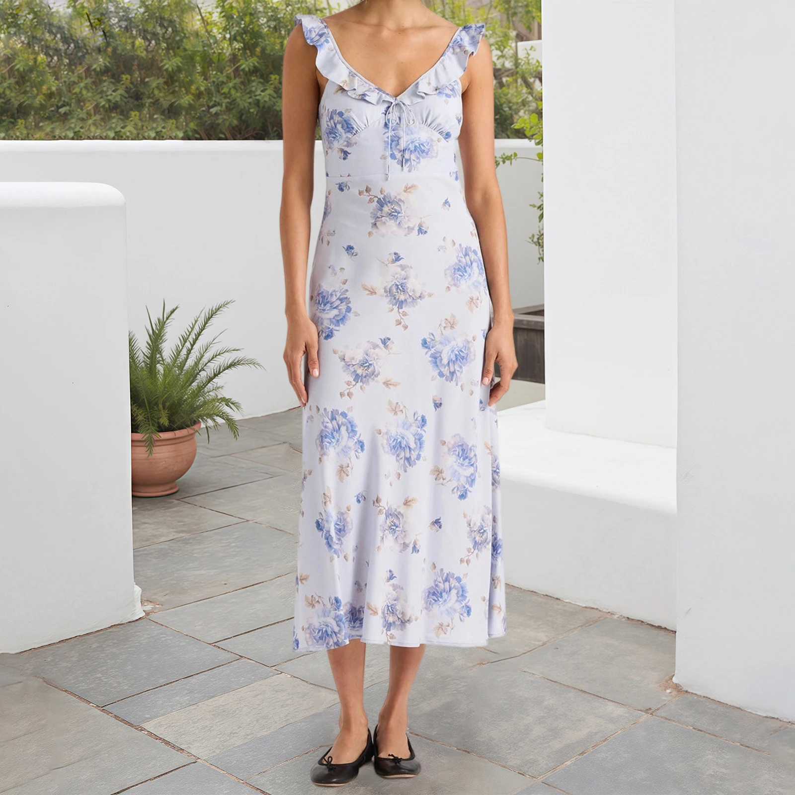 ผู้หญิงฤดูร้อน Midi Cami Dress แขนกุด Ruffle Trim V คอดอกไม้พิมพ์ชุดชายหาด