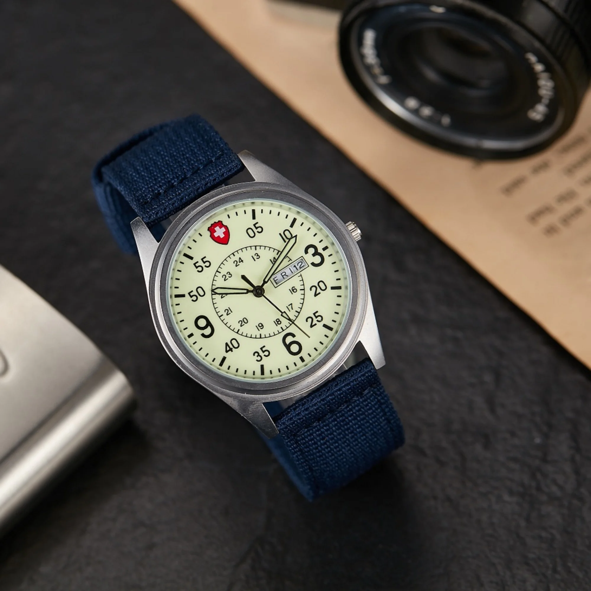 

Men's Quartz Watch Military Style Luminous Dial Nylon Strap Waterproof Date Week Display Casual Sports Watch for Men