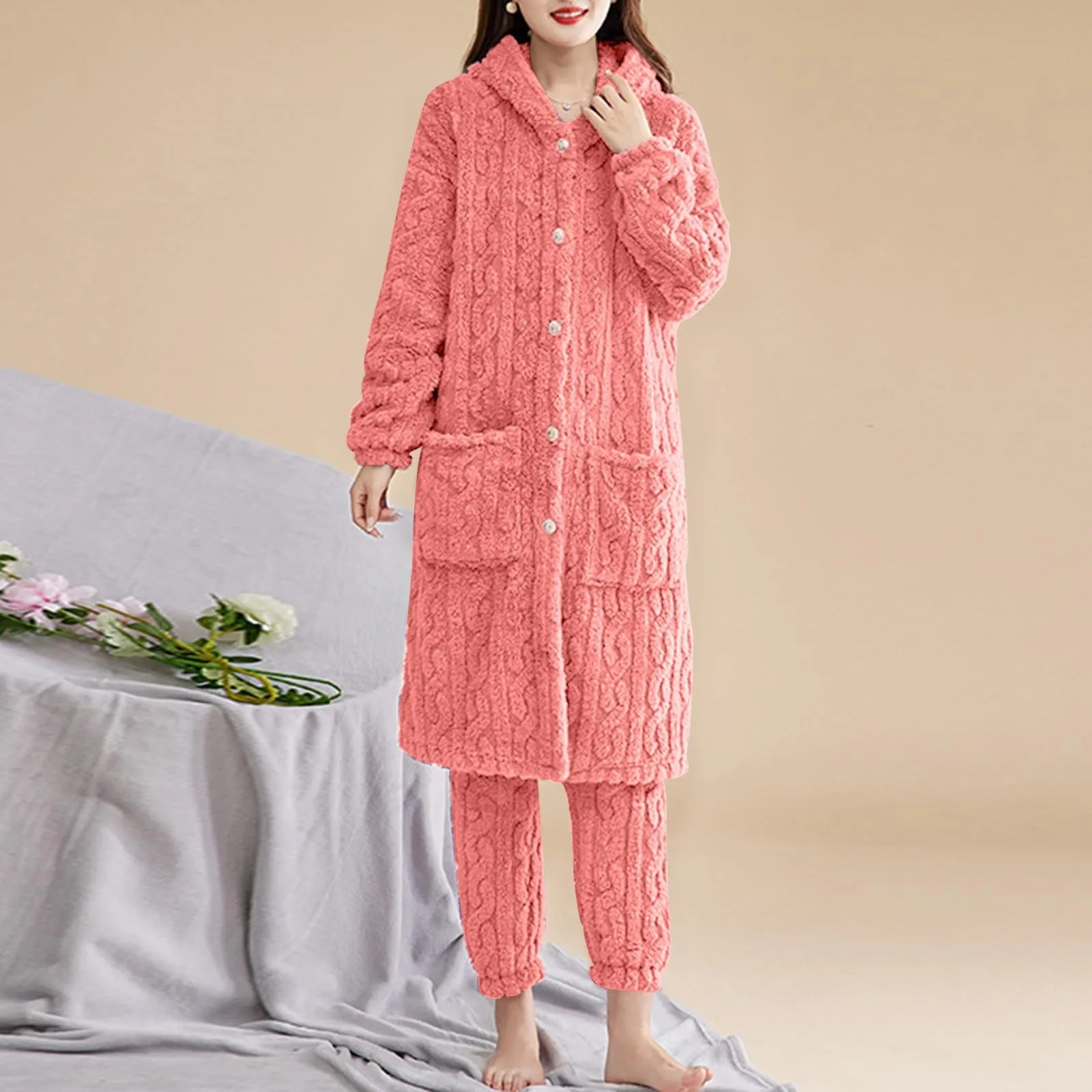 Coral Fleece 2pcs Pajamas Set Women Warm Hooded Nightgown Robe & Long Pants 2 Piece Sleepwear Oversize Winter Thicken Loungewear