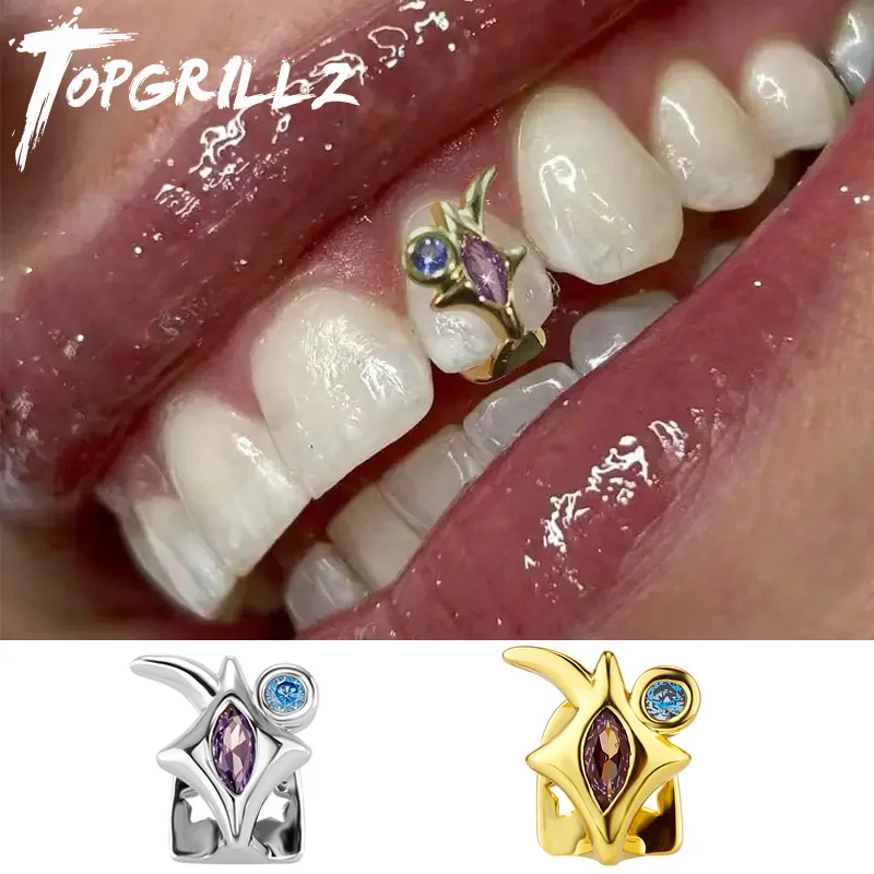 TOPGRILLZ Punk Purple Zircon Star Teeth Grillz Y2K Vintage Single Blue CZ Stone Tooth Caps For Women Men Jewelry Dental Grills