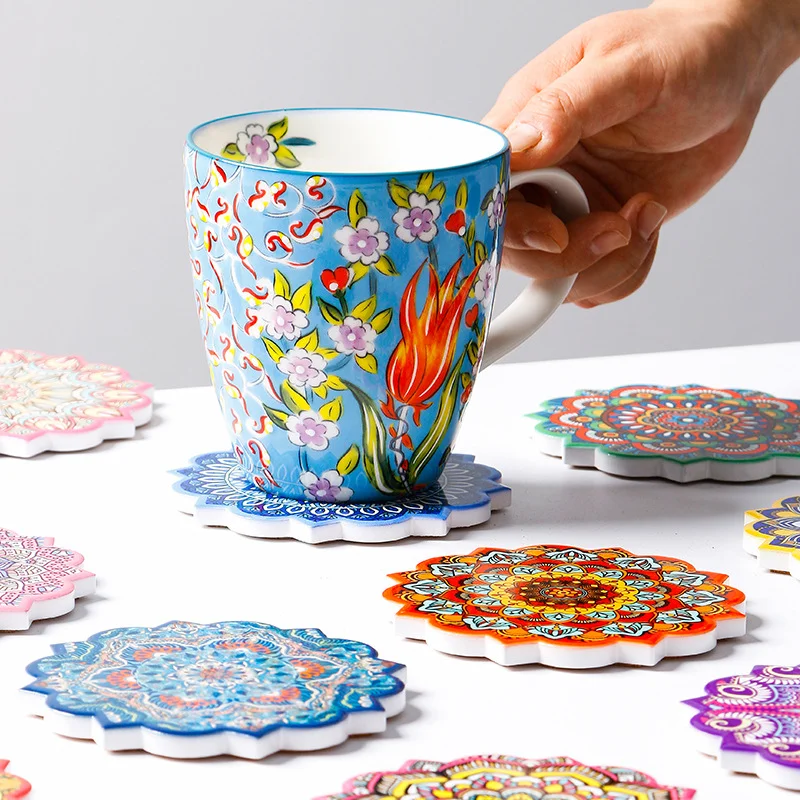 

Ceramic Coaster for Coffee Drink, Tea Cup Mat, Party Placemat, Creative Mandala Table Decoration, 4.25in, Kitchen Accessories