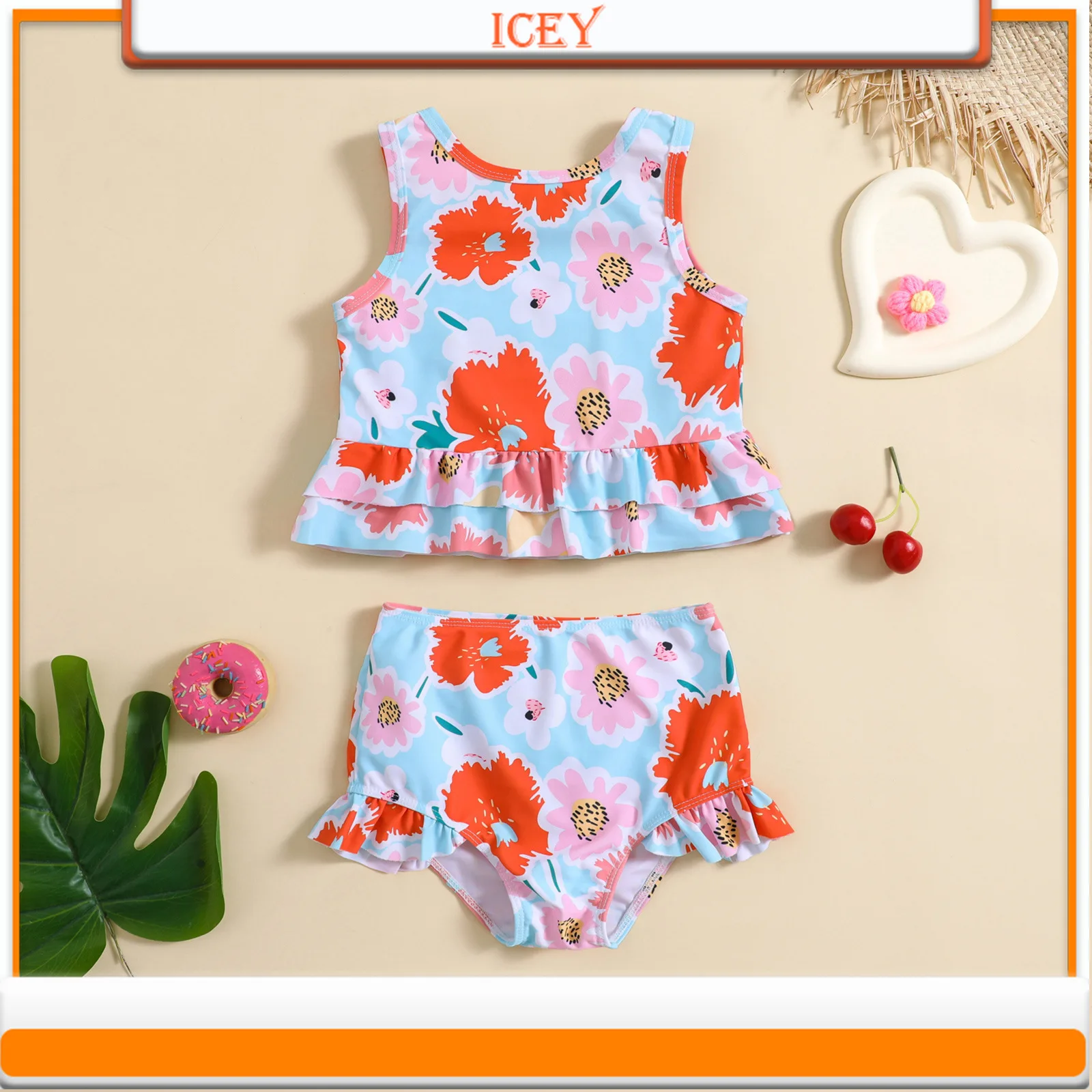 Cute Flower Print Split Swimsuit Set for Girls and Baby Girls Two-Piece Suits