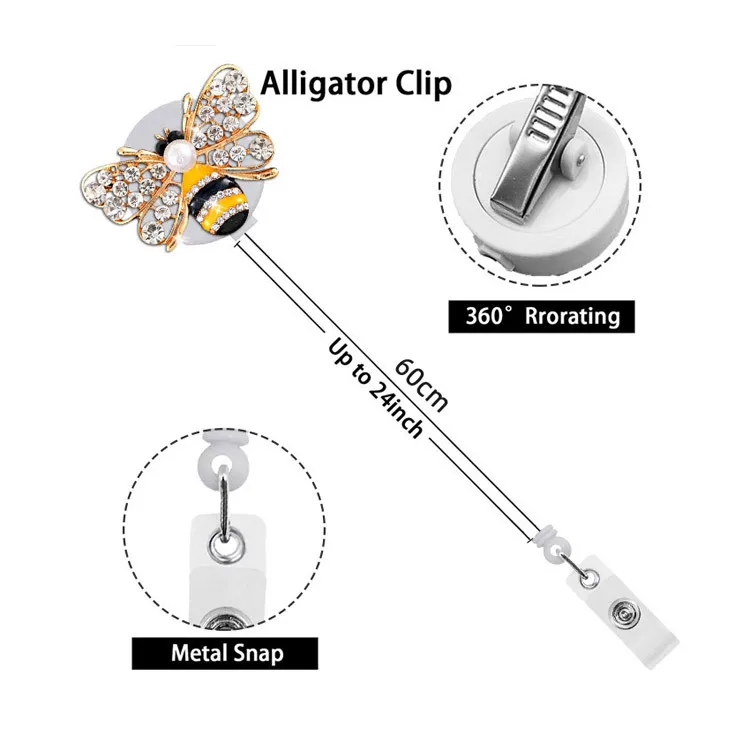 New Arrival 1 Piece Quality Metal Rhinestone Bee Butterfly Elephant Retractable Nurse Badge Reel Teacher Doctor ID Card Holder