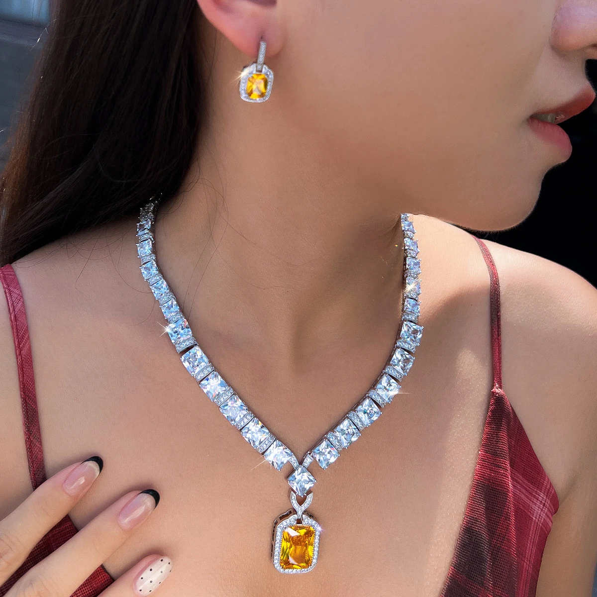 

CWWZircons Expensive Nice Yellow Cubic Zircon Big Square Drop Earring Necklace Sets for Women Luxury Wedding Party Jewelry T0778