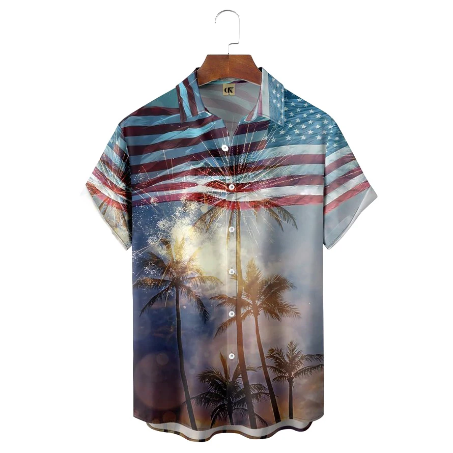 

2024 new flag print men's shirt summer vintage lapel fashion shirt men's casual single-breasted short-sleeved top shirt