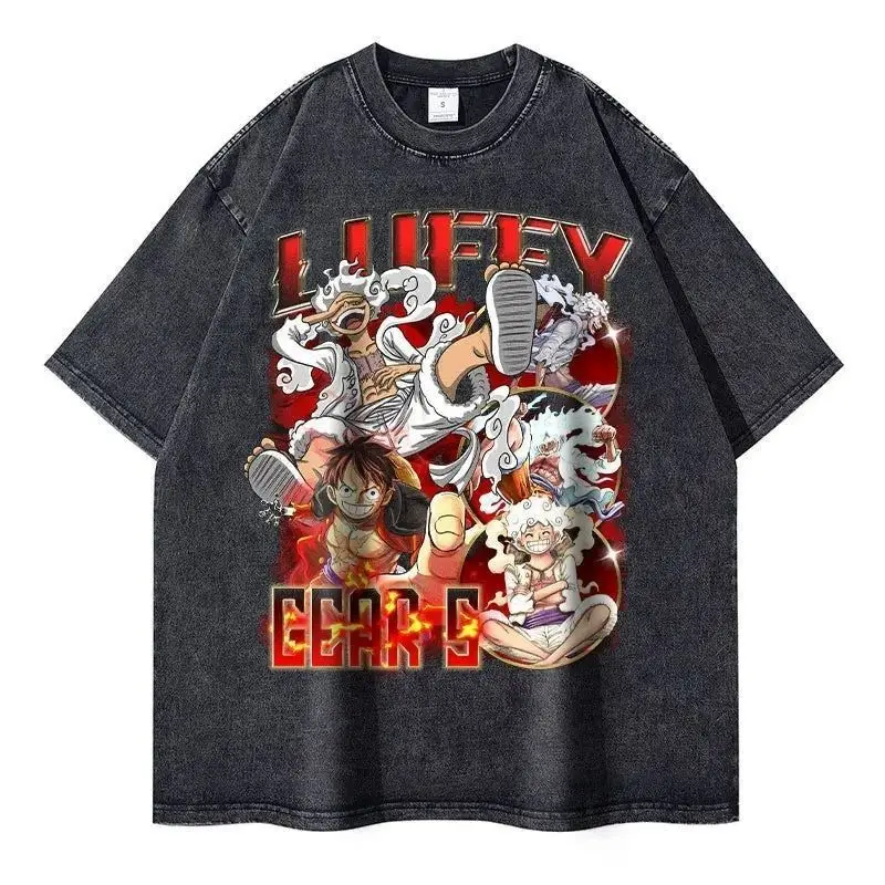 

2025 New Fashion Japanese Anime ONE PIECE Sauron Loose Personality Retro Fried Snowflake Washed Cotton Short-sleeved T-shirt Men