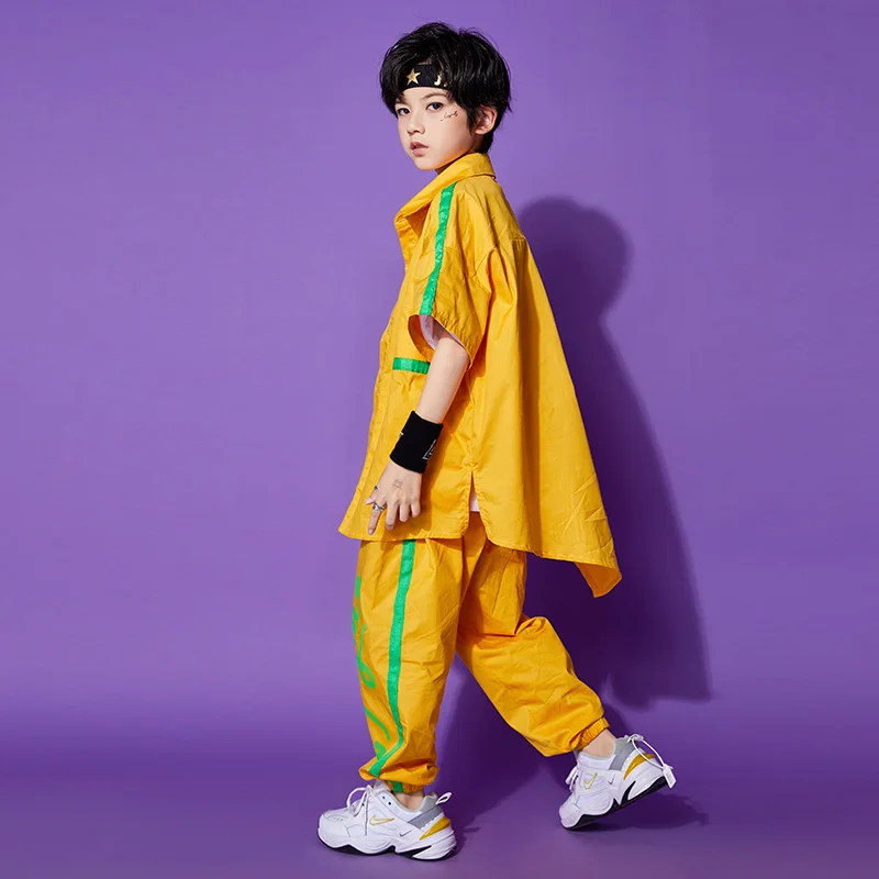 Wear Pants for Girls Boys Jazz Dance Costume Set Clothes Kids Hip Hop Showing Clothing Yellow Short Sleeve Shirt Tops Street