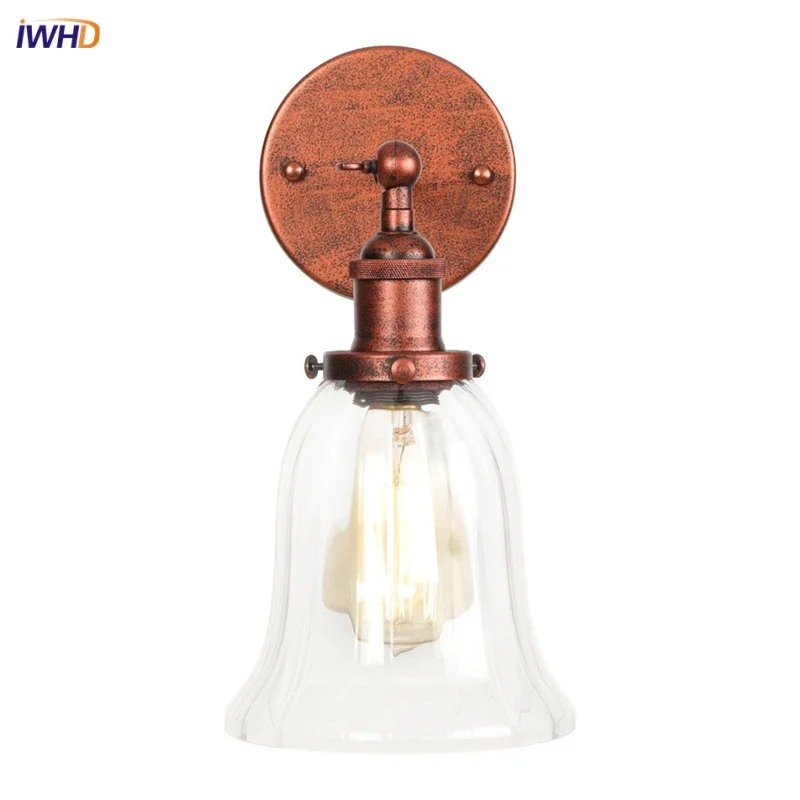 IWHD Loft Clear Glass Rustic LED Wall Light Fixtures Reading Dining Living Room Decor Industrial Style Iron Bathroom Wall Lamp