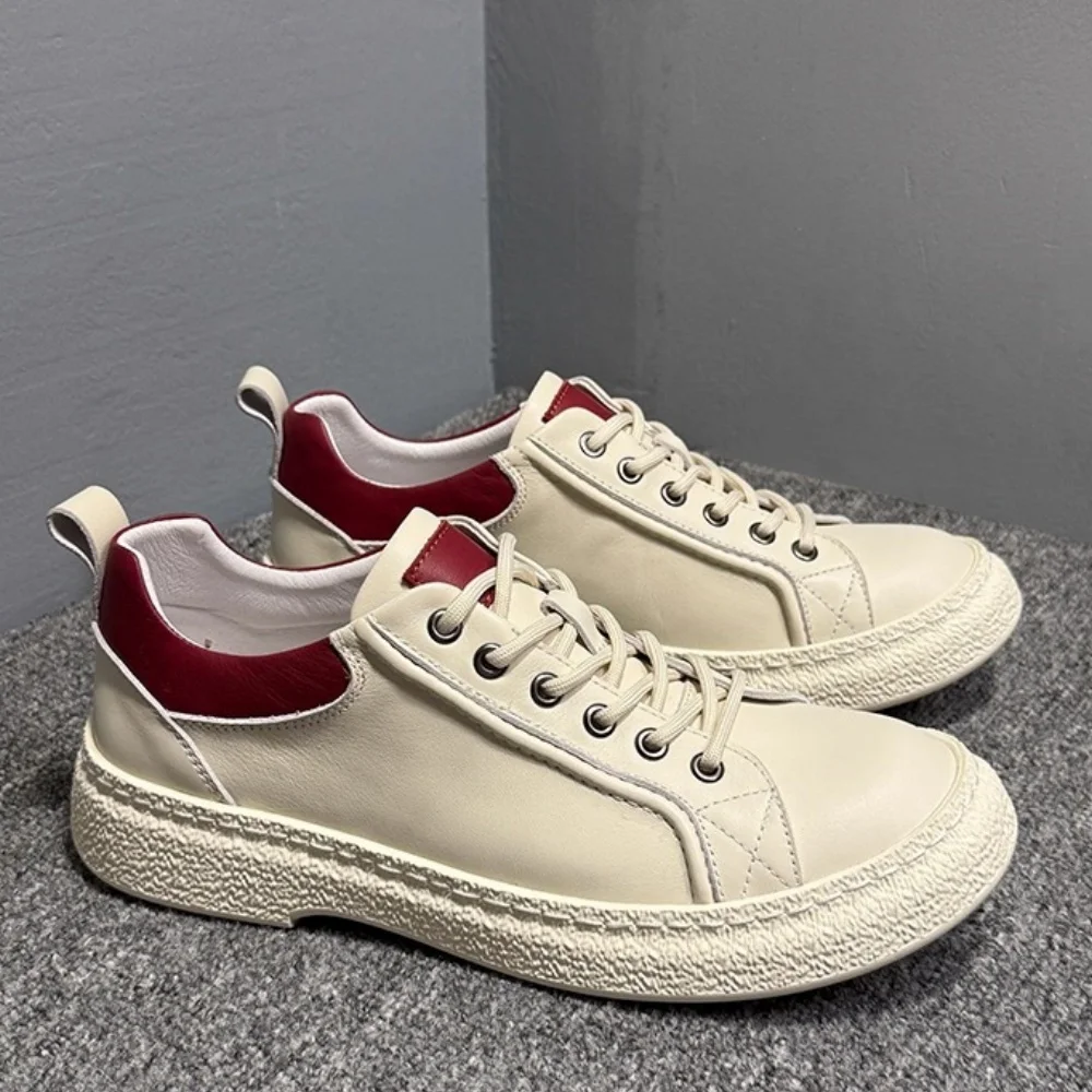 

QHCCID Mens Genuine Leather Casual Shoes Lace Up Out Spliced Fashion Active Shoes Spring Summer Platform Sneakers