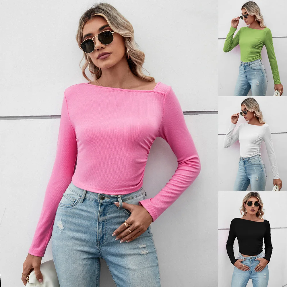 Spring Summer 2026 Women's Slim Fit Solid Color T-Shirt Halogen Open Neck Design Commute Friendly Ultra-Short Top