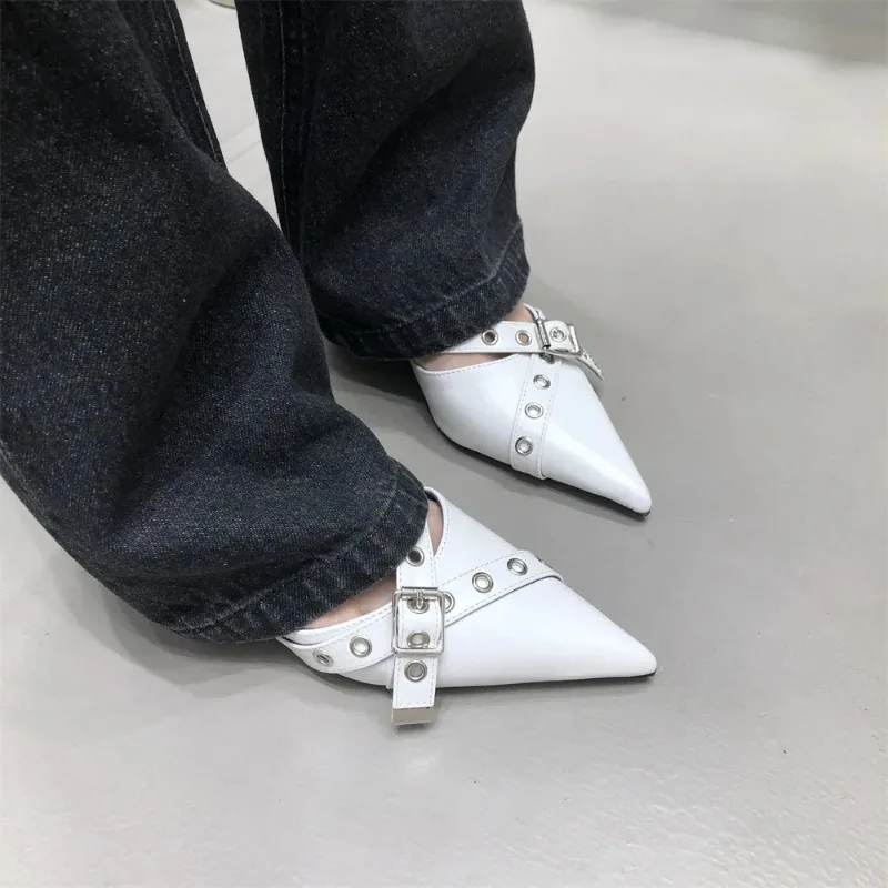 Women's Slippers Summer Baotou Pointed Half Slippers Female External Wear Medium Heels Pumps Fashion New Ankle Buckle High Heels