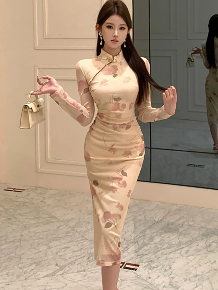 

Autumn Winter Floral Long Sleeve Bodycon Slit Long Dress Women Korean Elegant Casual Dress 2024 Fashion Chic Fesitval Prom Dress