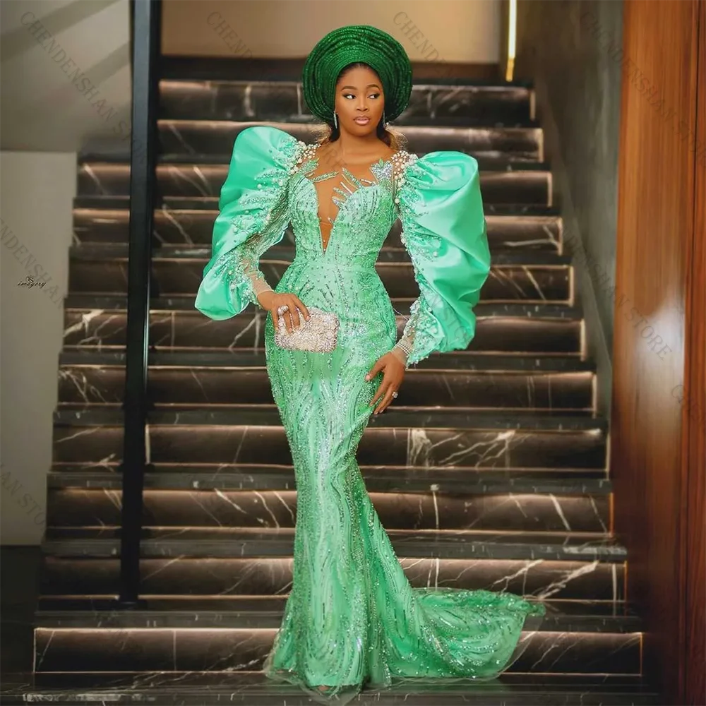 

Luxury Beaded Lace Evening Dress Mint Green Handmade Pearls Puff Sleeves African Wedding Second Dress Asoebi Formal Gown