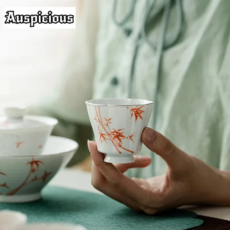 

2pc/set Hand Painted Red Bamboo Tea Cup Antique Trace Silver Petals Cup White Porcelain Fragrance Cup Chinese Tea Set Craft 70ml