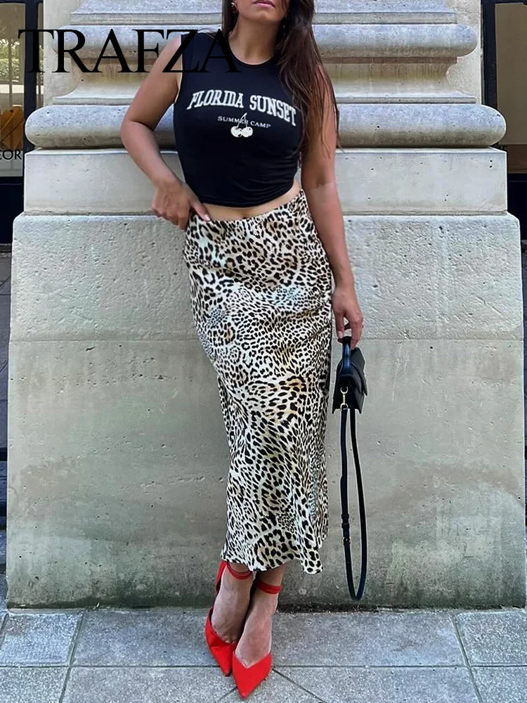 TRAFZA Retro Skirt Leopard Print High Waist H-Line Slim Women's Causal 2024 Fashion Female Summer Elegant Straight Skirt TRAF