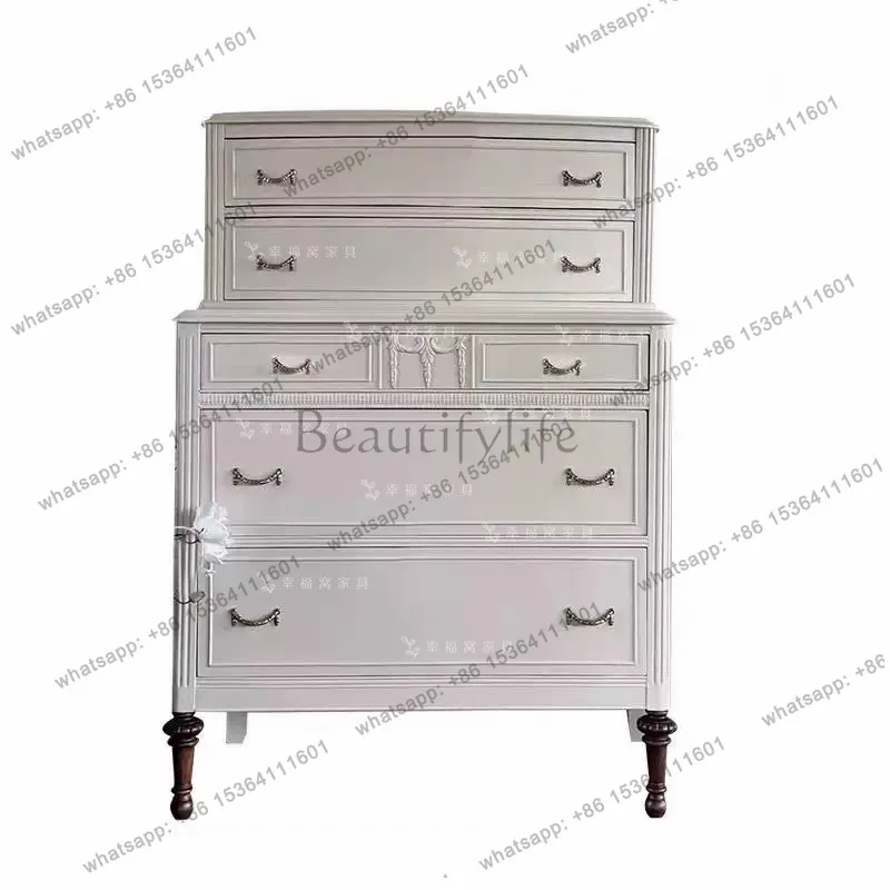 

French retro solid wood carving flower white high chest cabinet bedroom storage side cabinet