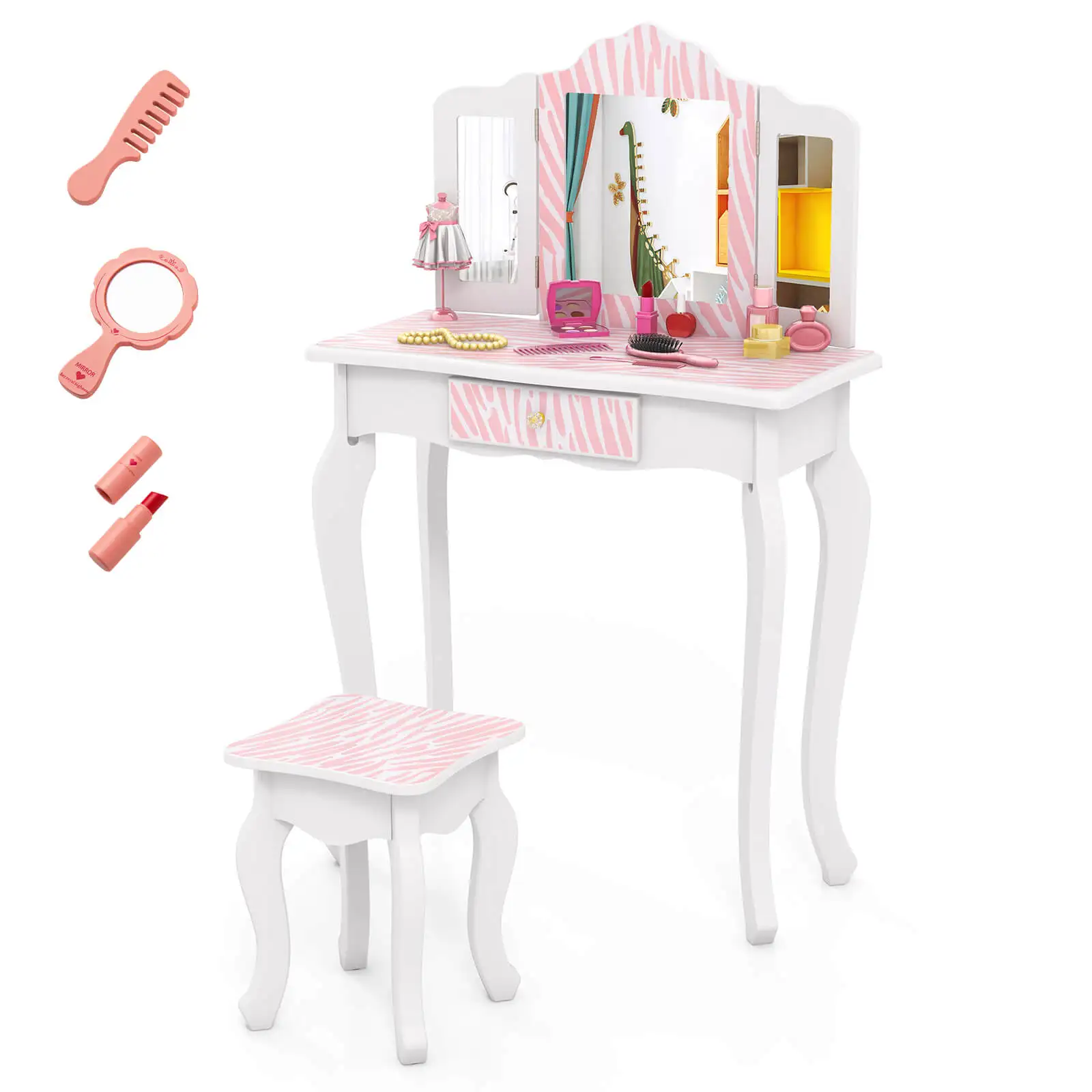 

Kids Vanity Set Toddler Makeup Table & Stool w/ Tri-folding Mirror Drawer