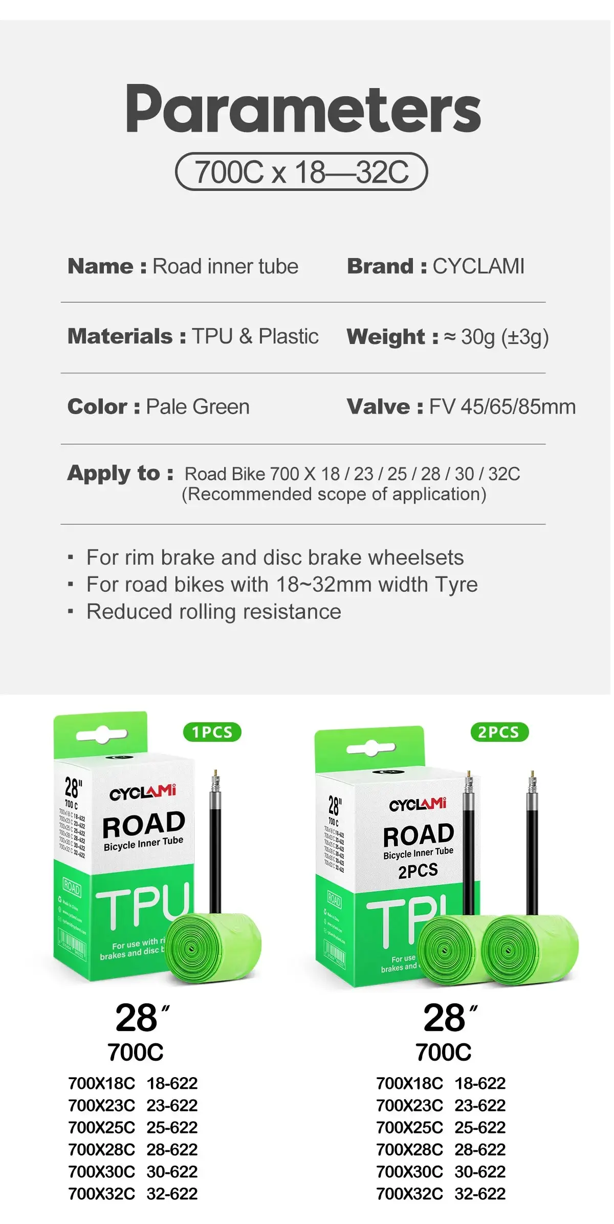 CYCLAMI Ultraleichter 30g Fahrradschlauch aus TPU-Material 700C 18-32 Rennradreifen 45mm 65mm 85mm Länge Französisches Ventil – Detail 4