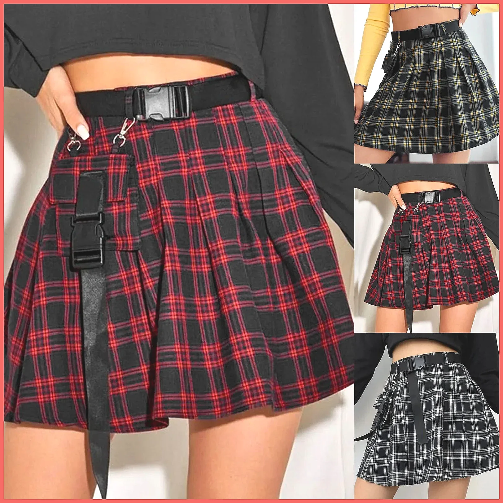 Gothic Plaid Space-Up Mini Skirt for Women, High Waist Ruffled Short Skirt with Lining, Streetwear (Character Count: 78)