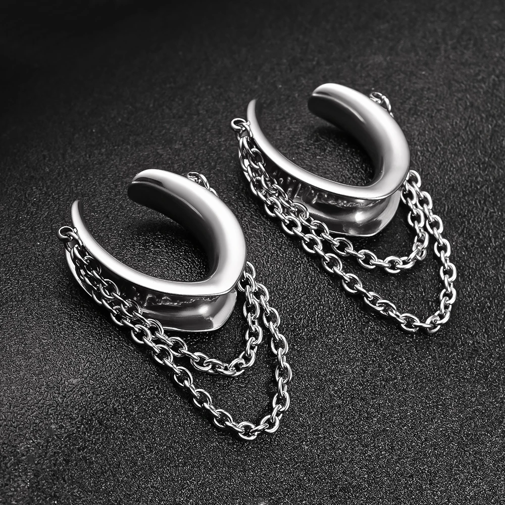 Vankula 2PCS Classic Saddle with Chain for Stretched Ears 316 Stainless Steel Ear cuff Tunels (0G-1\