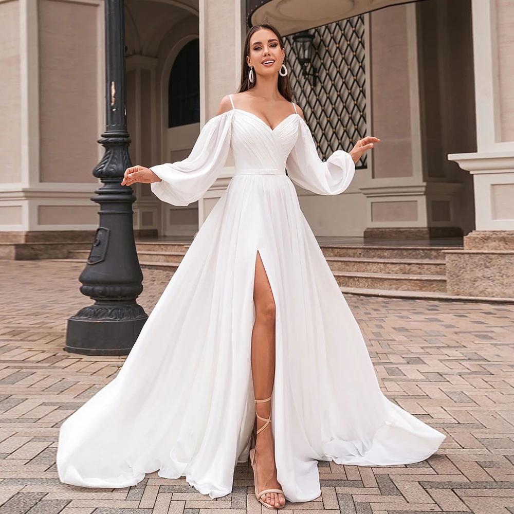 Elegant Spaghetti Straps Wedding Dresses for Women Full Sleeve Bridal Gowns with Chiffon 2024 Summer Side Slit Robe De Mariée