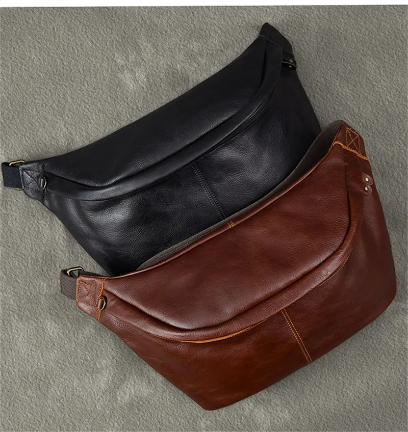 Large capacity genuine leather men\'s chest bag vintage fashion casual soft real cowhide daily sports big shoulder messenger bags