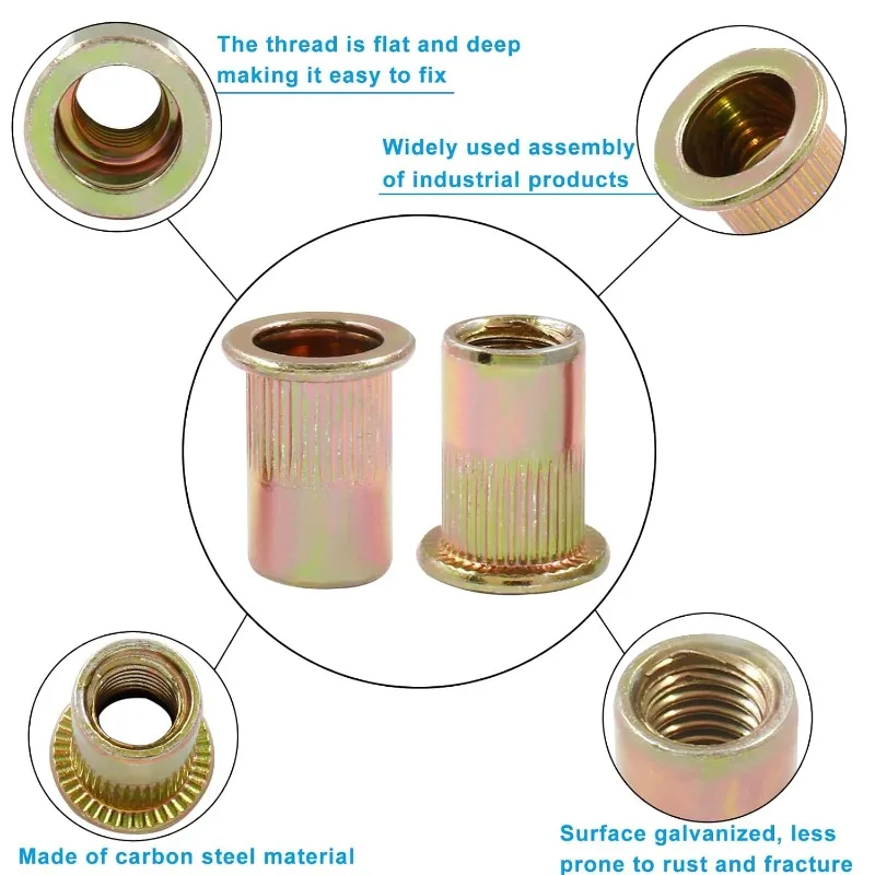 Écrous à rivets à tête plate, capuchon fileté pour pistolet à écrou de riveteuse, fixation en acier au carbone zingué, accessoire de quincaillerie métallique